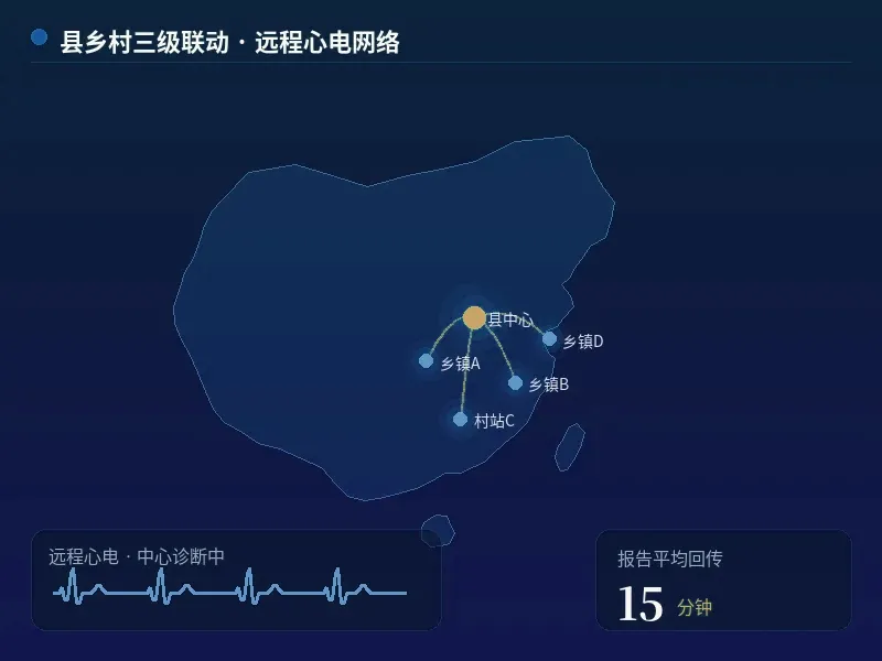 区域医共体数据大屏：中国地图与远程心电网络可视化