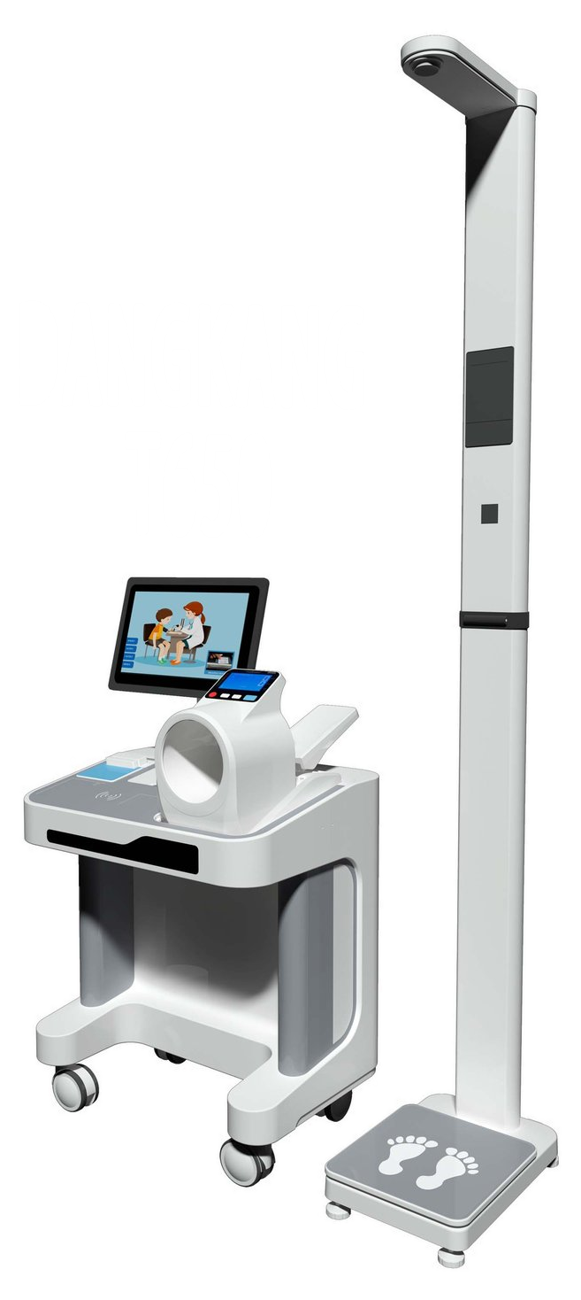 当康 T650 健康一体机渲染图:台式主机搭配身高秤立柱