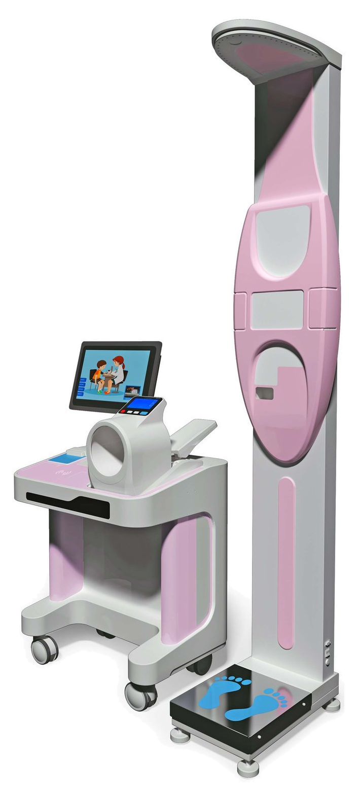 当康 T680 妇幼门诊健康一体机渲染图:粉色机身搭配身高秤立柱